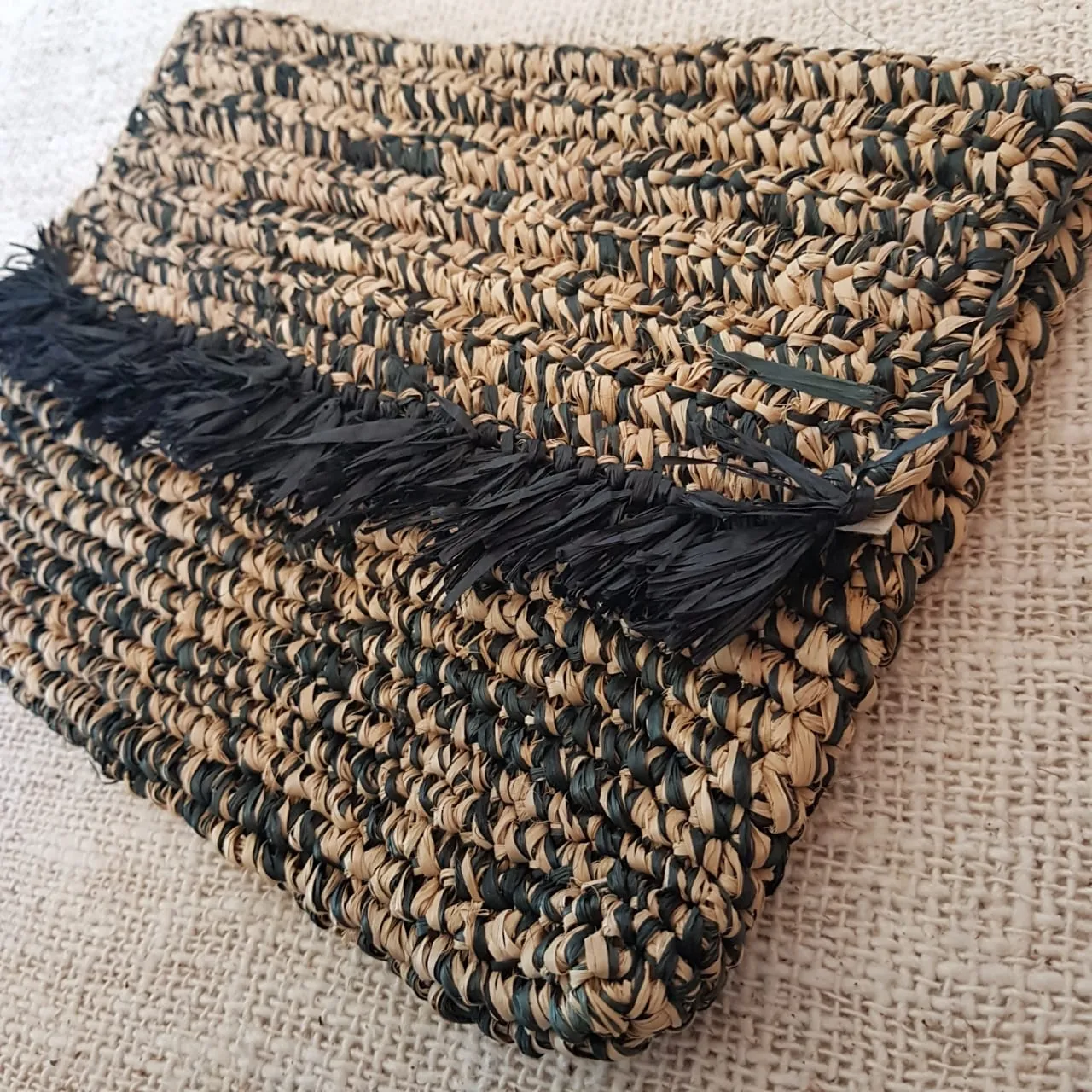 Black & Brown Woven Straw Grass Fold Clutch With Fringe