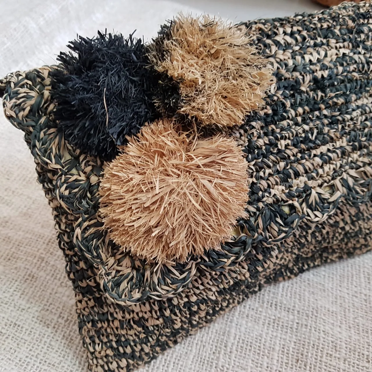 Black & Brown Woven Straw Grass Fold Clutch With Pom Poms