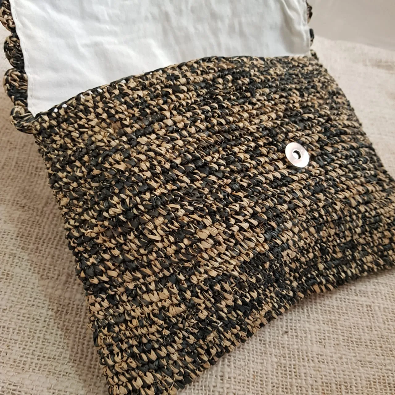 Black & Brown Woven Straw Grass Fold Clutch With Pom Poms