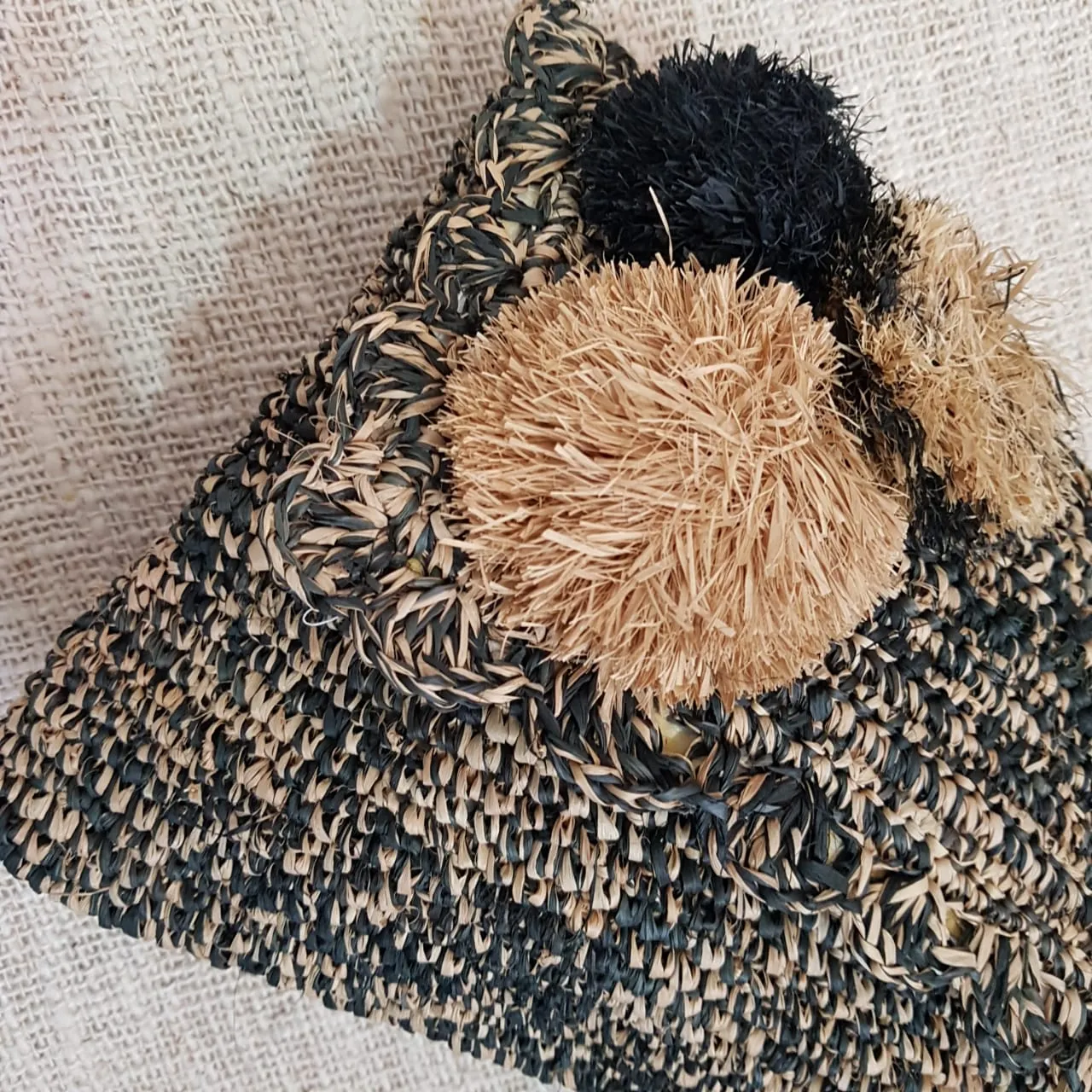 Black & Brown Woven Straw Grass Fold Clutch With Pom Poms