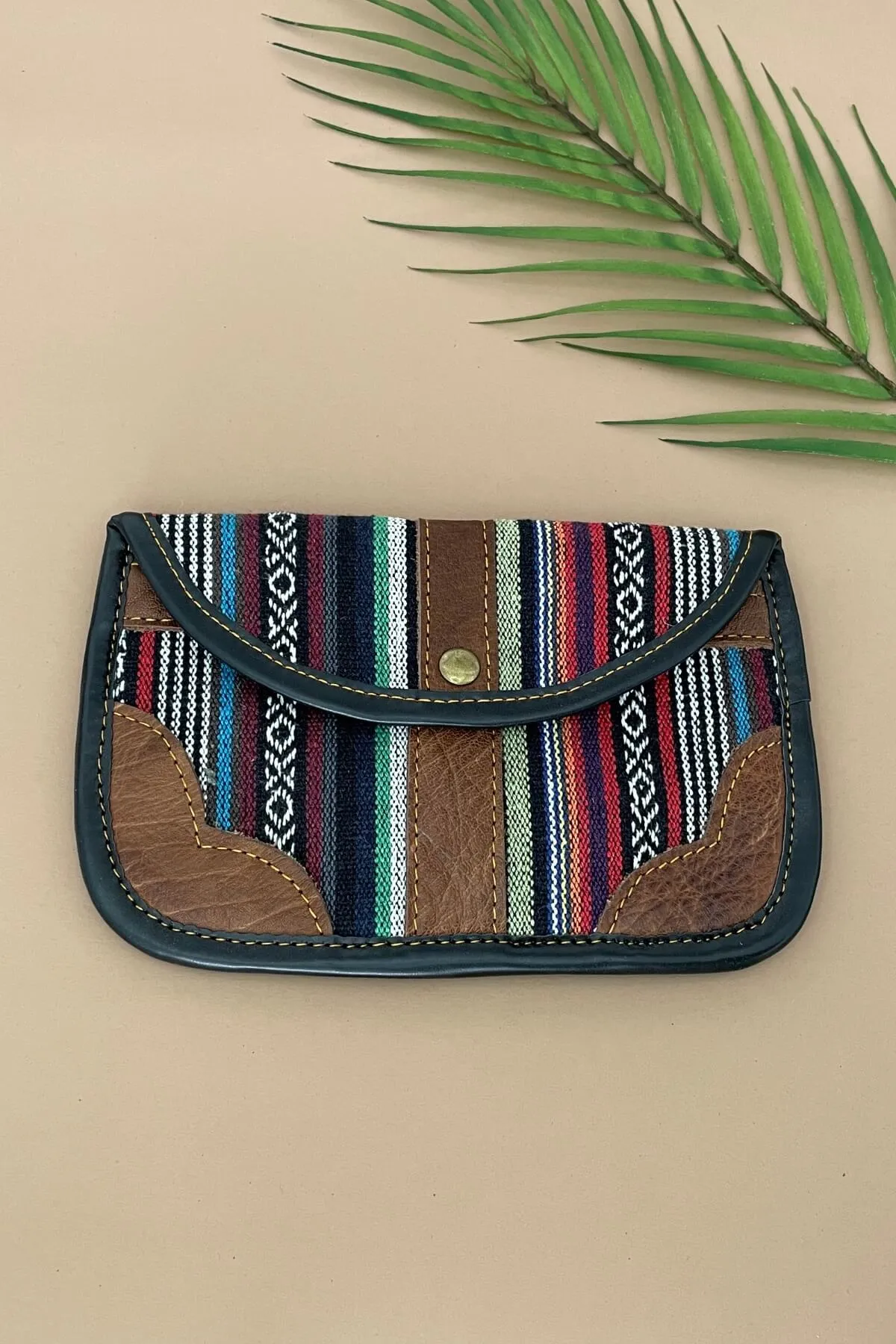 Buffalo Leather   Woven Cotton Clutch Wallet