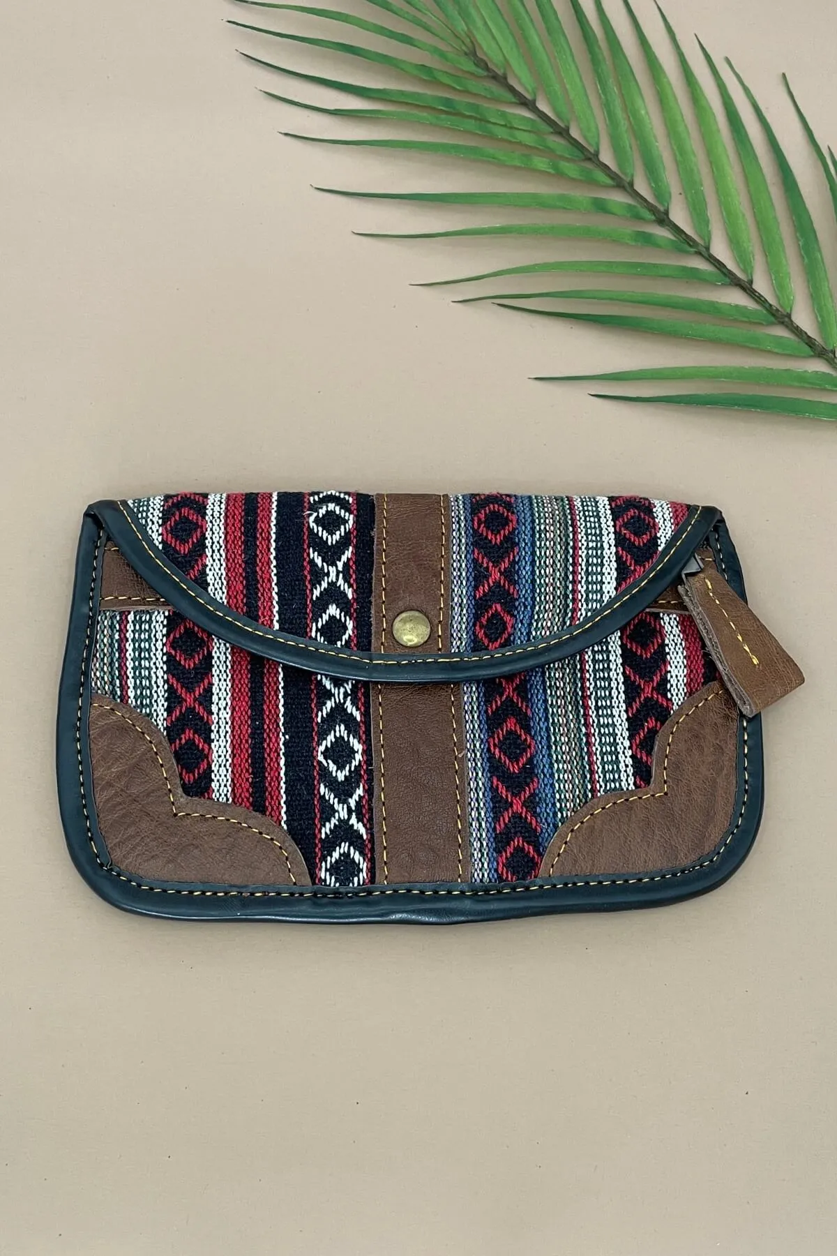 Buffalo Leather   Woven Cotton Clutch Wallet