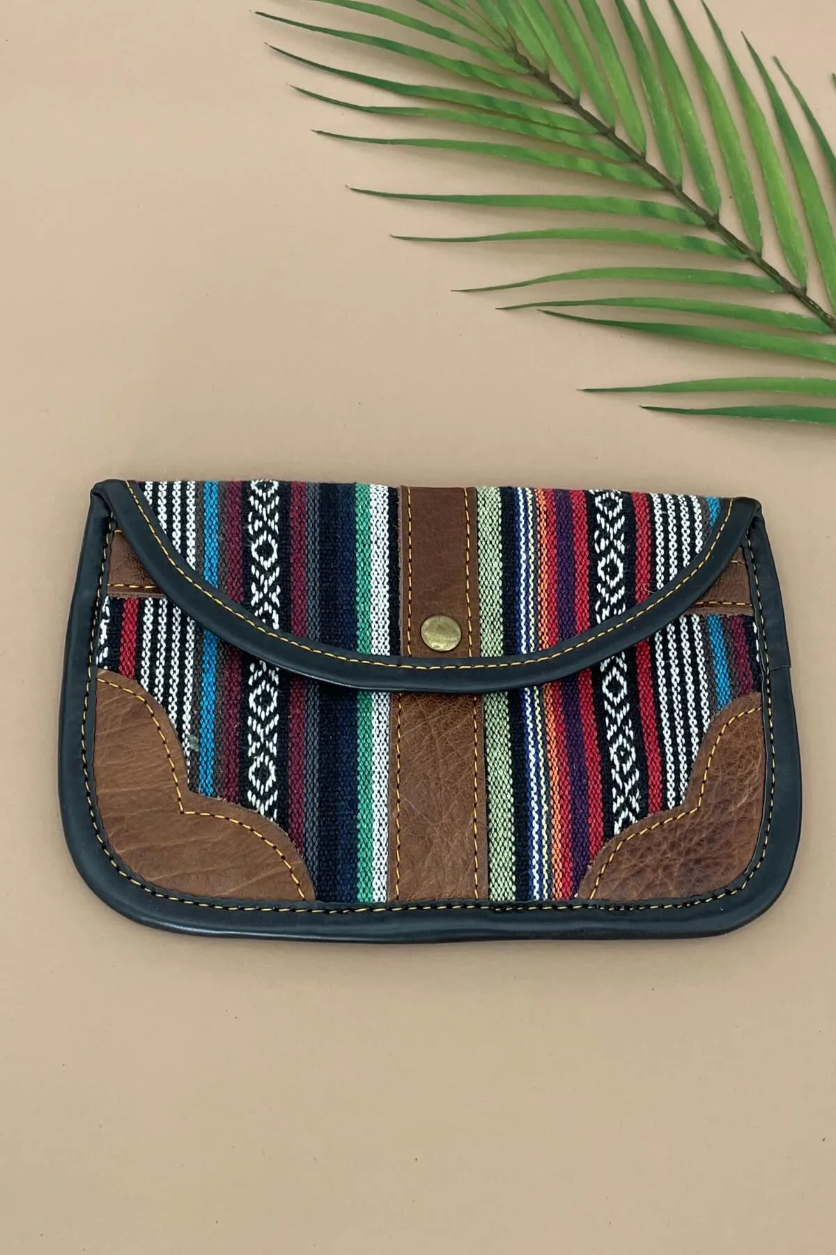 Buffalo Leather   Woven Cotton Clutch Wallet