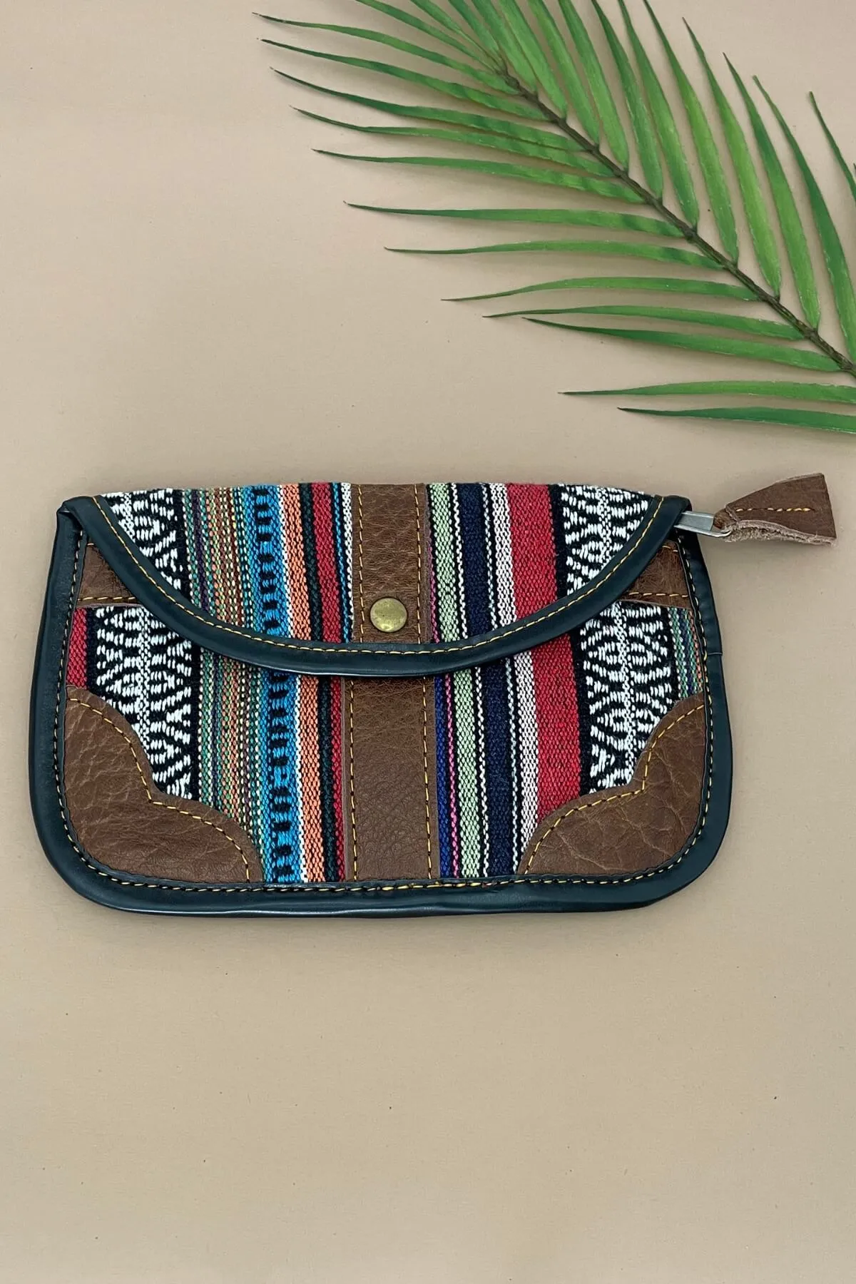 Buffalo Leather   Woven Cotton Clutch Wallet