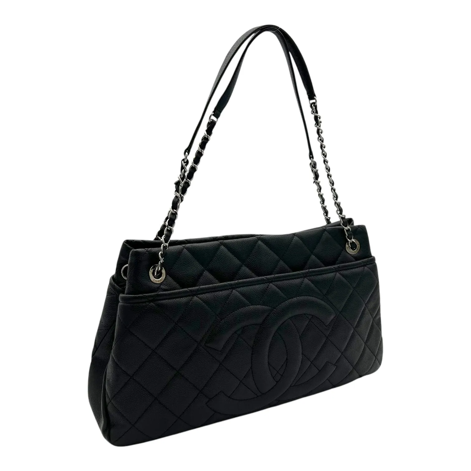 CC Tote Bag Black in Caviar Leather, Silver hardware