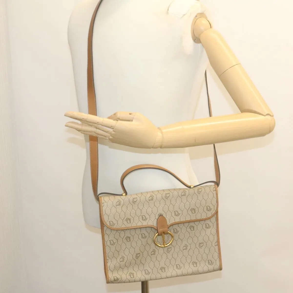 CHRISTIAN DIOR Honeycomb Canvas Hand Bag PVC Leather Beige Auth 29371