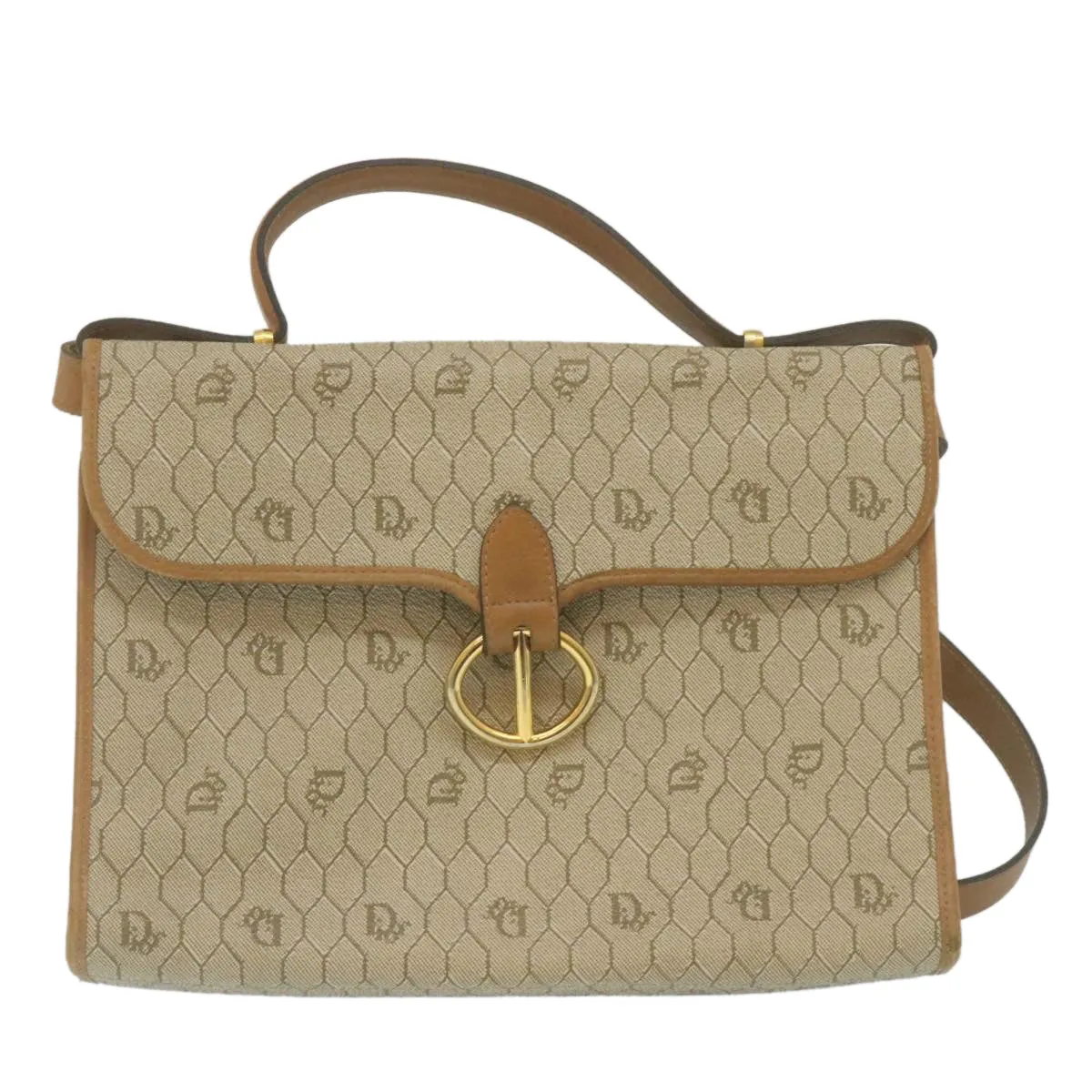 CHRISTIAN DIOR Honeycomb Canvas Hand Bag PVC Leather Beige Auth 29371