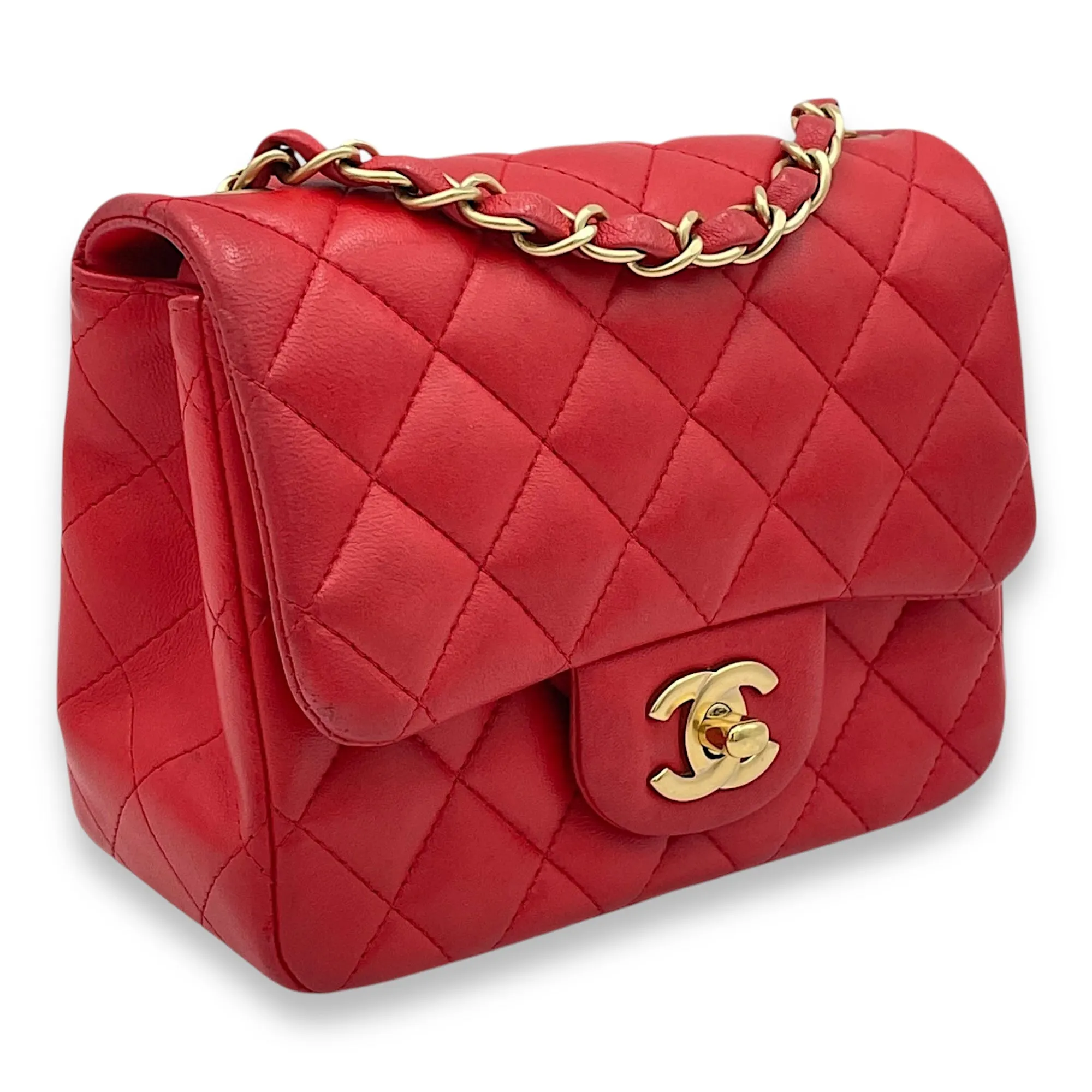 Classic Mini Red Crossbody Bag in Lambskin, Gold hardware