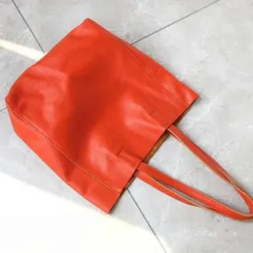 Fashion Womens Orange Leather Vertical Tote Bags Orange Shoulder Tote Bags Orange Handbags Tote For Women