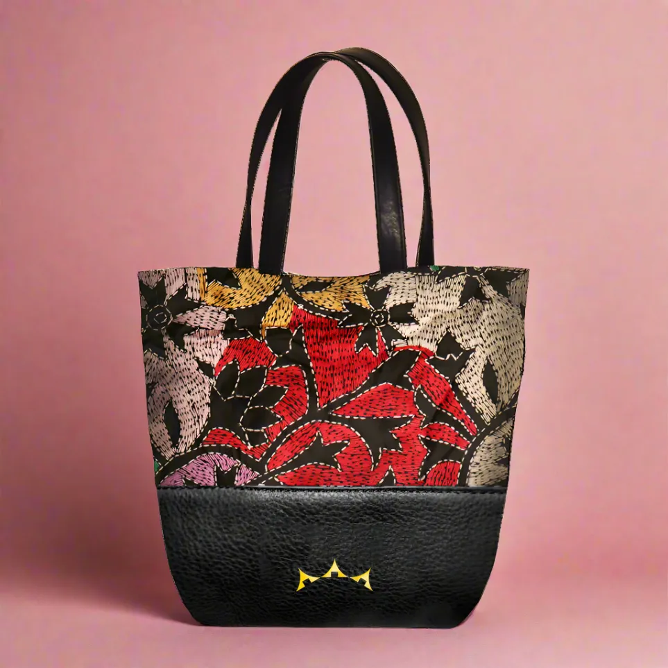 Genuine Leather & Embroidery Tiny Tote - Jet Black