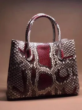 Genuine Python Leather Top Handle Tote Shoulder Bags Multi Light Red