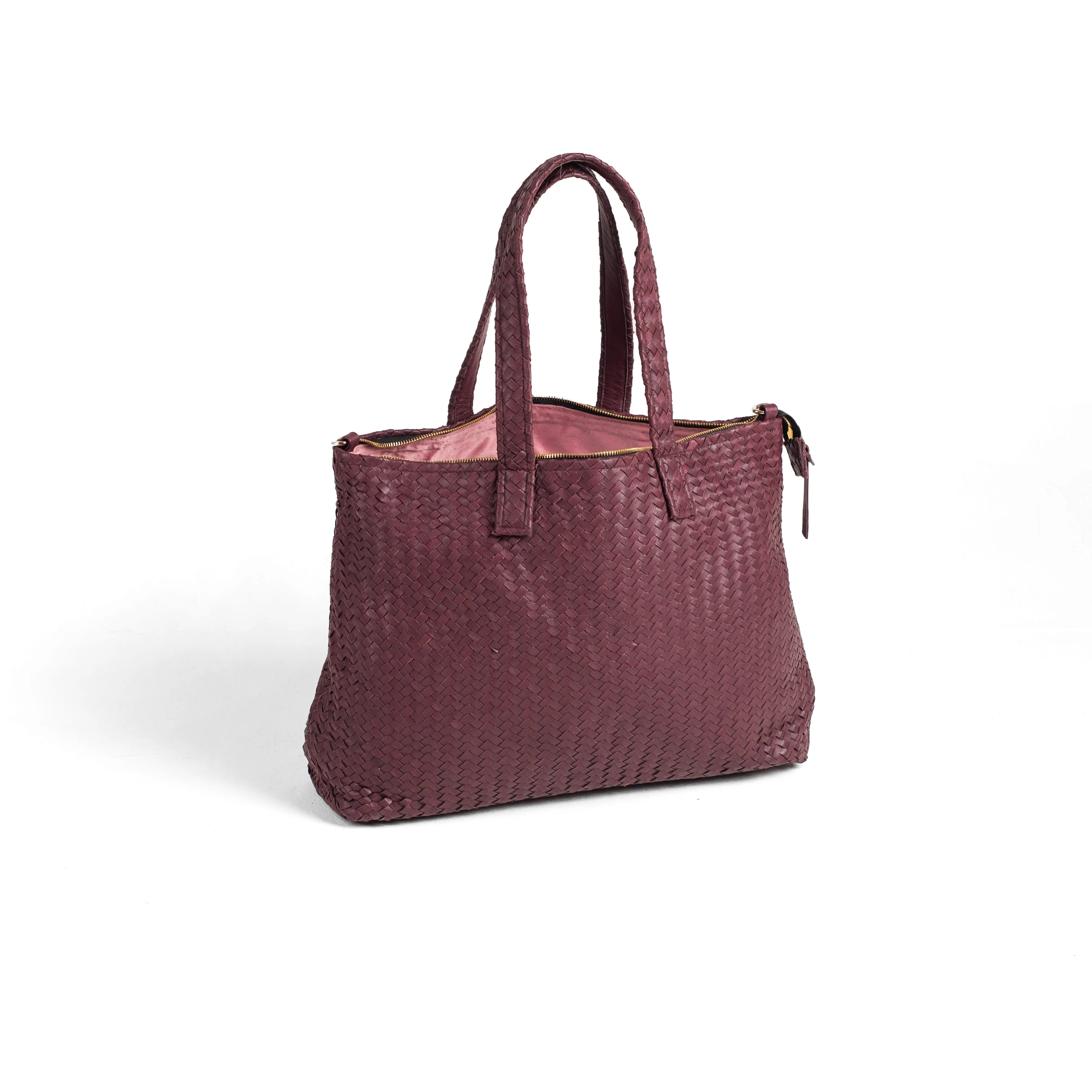 Handmade Woven Original Leather Bag Burgundy With Zipper