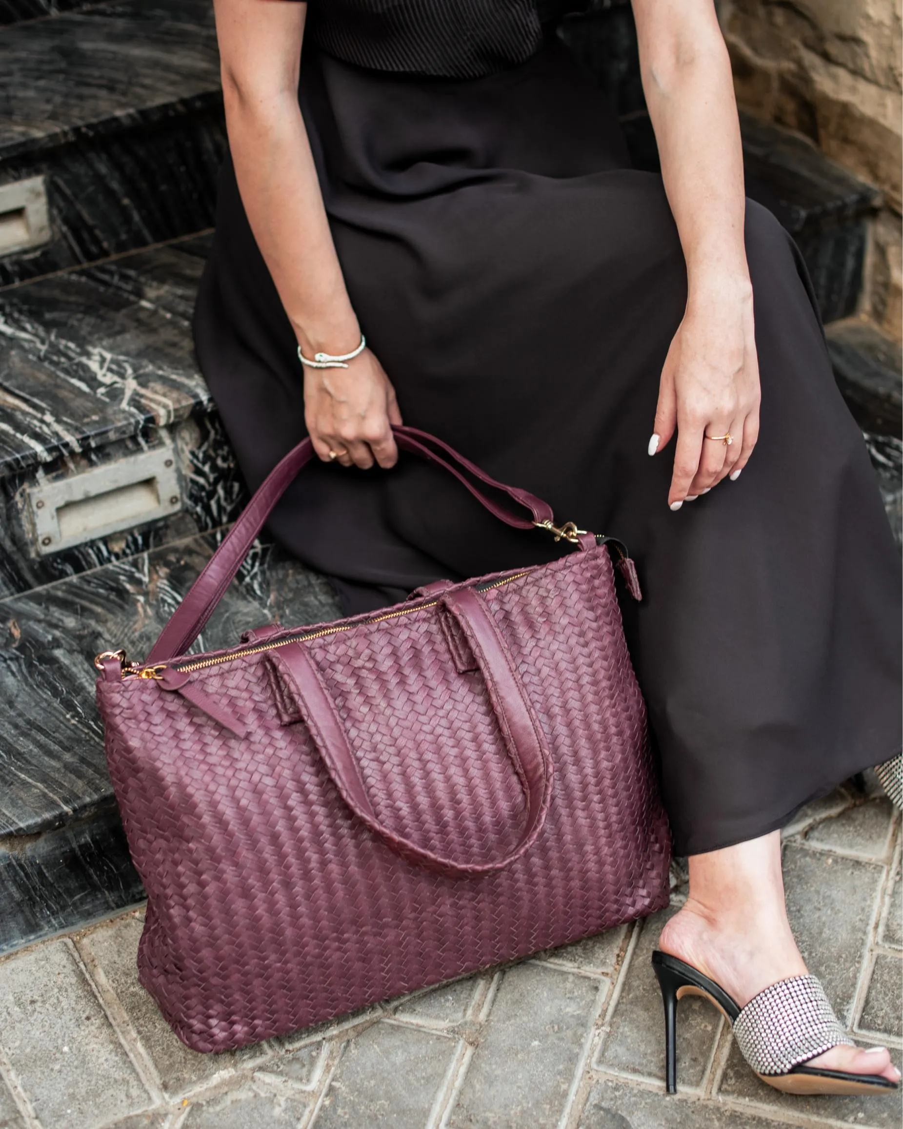 Handmade Woven Original Leather Bag Burgundy With Zipper