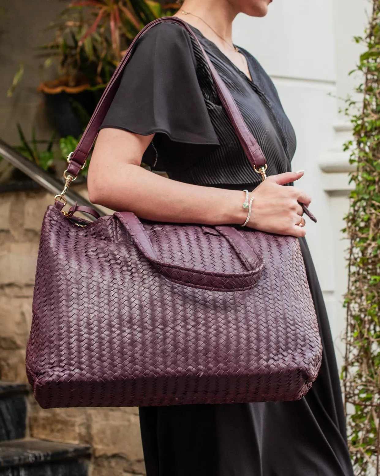 Handmade Woven Original Leather Bag Burgundy With Zipper