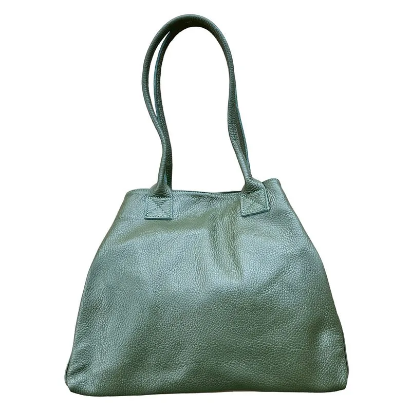 Italian Leather Expandable Tote Bag in Olive Green