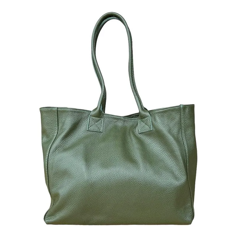 Italian Leather Expandable Tote Bag in Olive Green