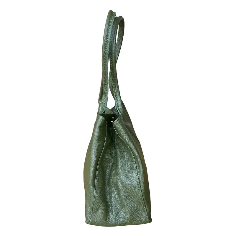 Italian Leather Expandable Tote Bag in Olive Green