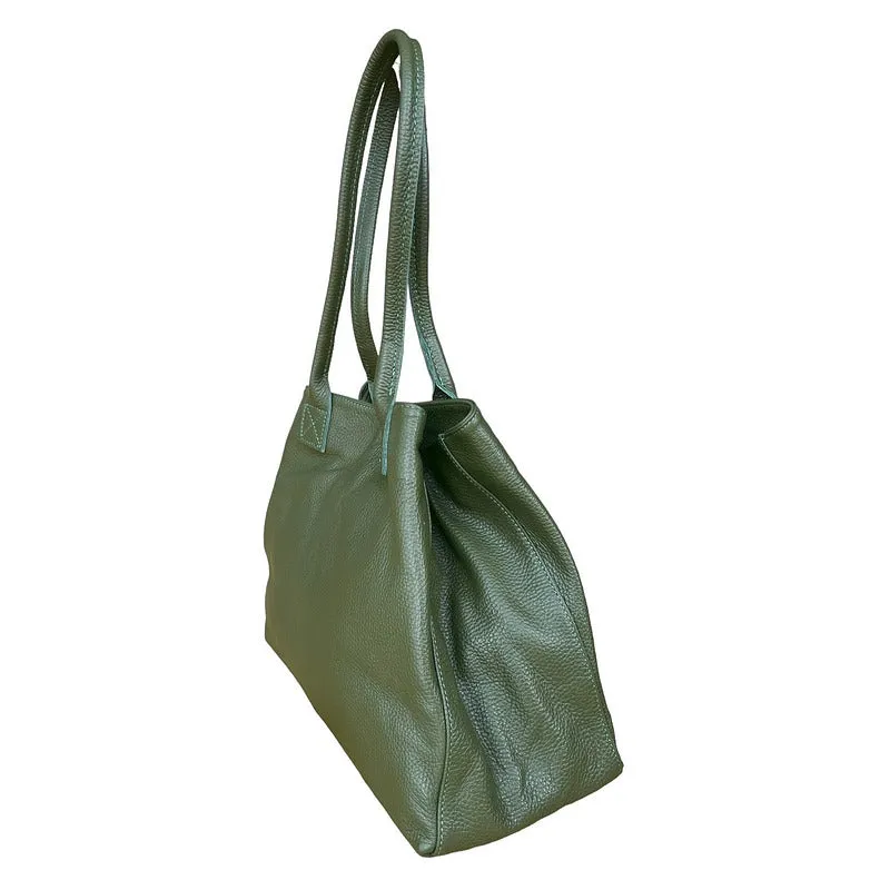 Italian Leather Expandable Tote Bag in Olive Green