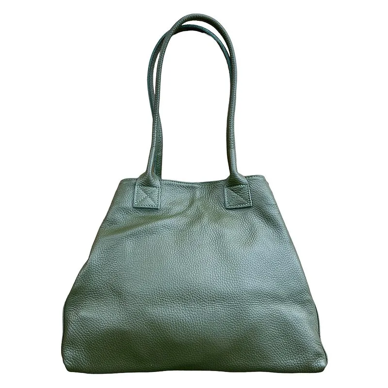 Italian Leather Expandable Tote Bag in Olive Green