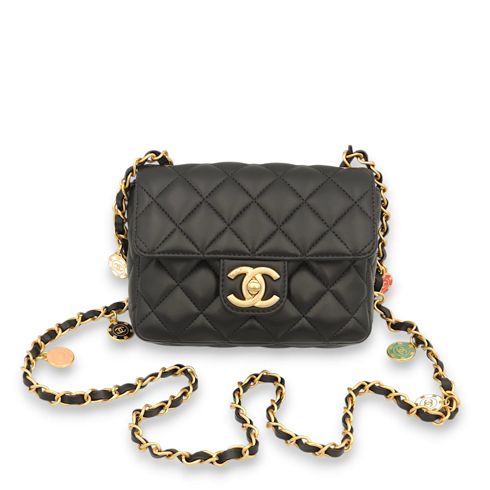 Seasonal Flap with Charms Strap Mini Black Crossbody Bag in Lambskin, Gold hardware