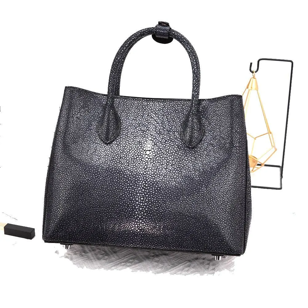 Women's Black Genuine Pearl Stingray Leather Tote Bag